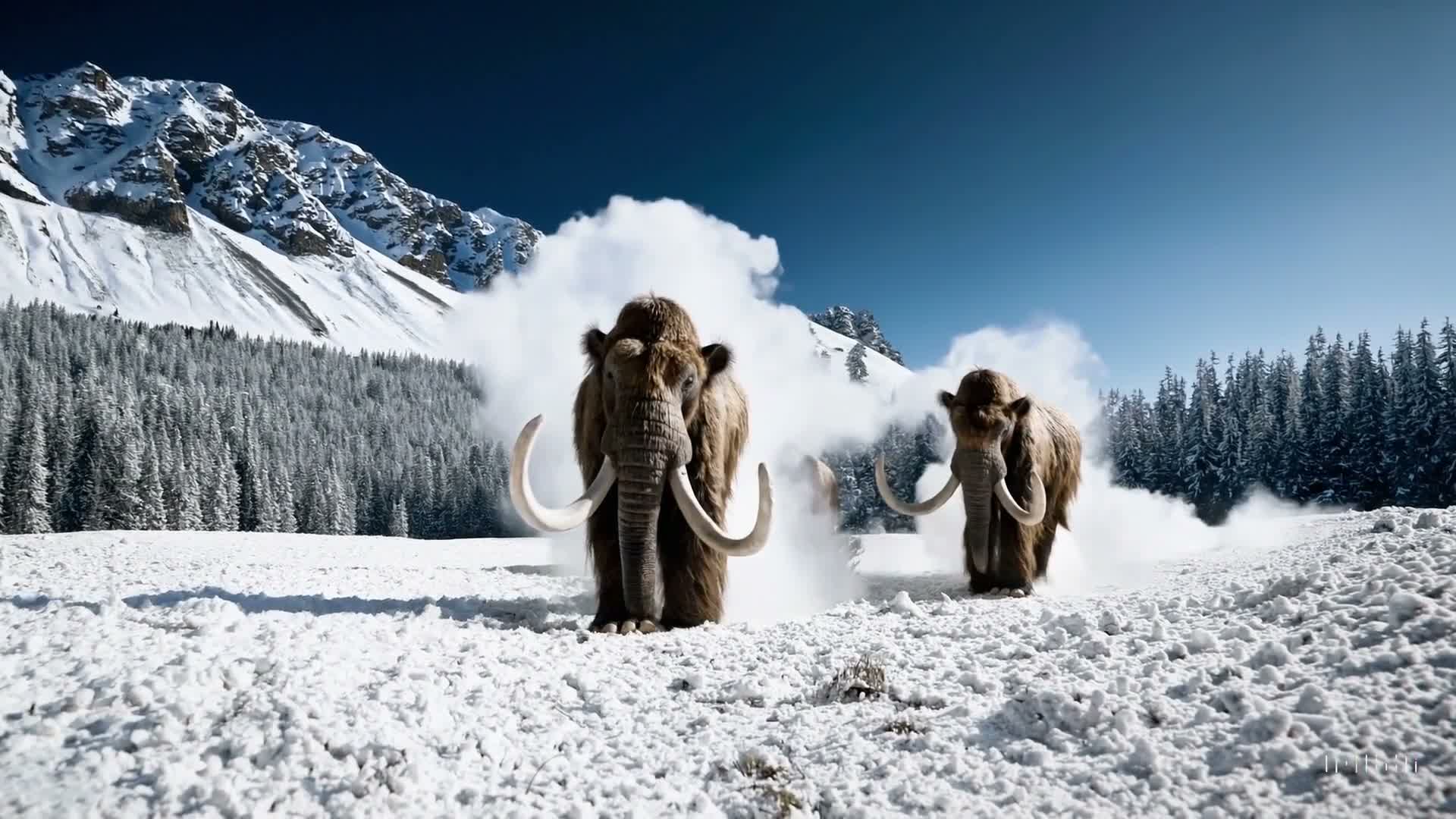 Woolly Mammoths in a Snow Meadow